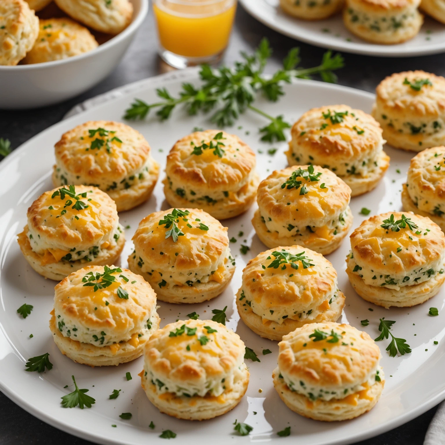 Golden brown savory herb and cheese biscuit bites on a white platter, garnished with fresh parsley and chives