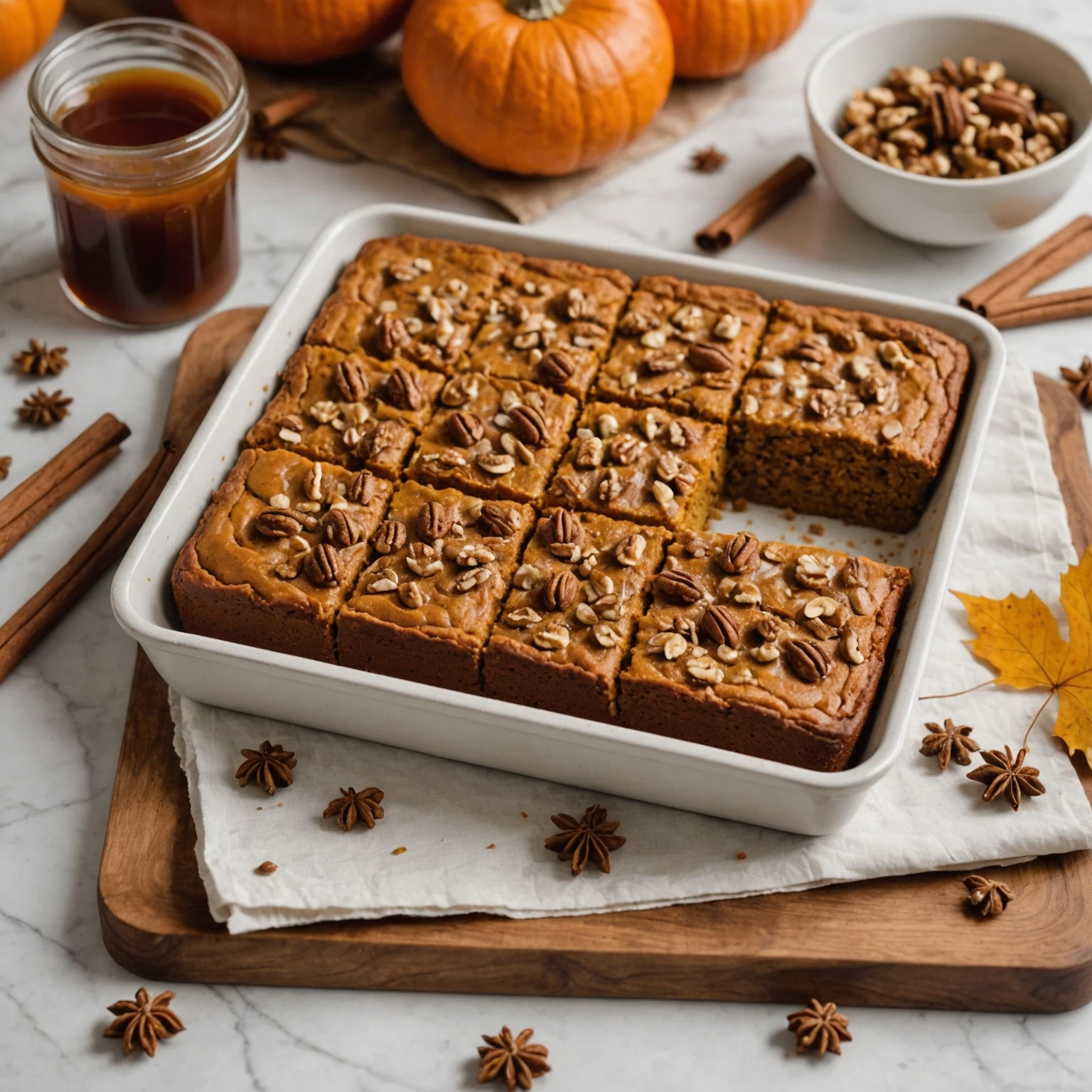 Tray of moist spiced pumpkin breakfast bars with walnuts on a marble countertop, surrounded by cinnamon sticks and maple syrup