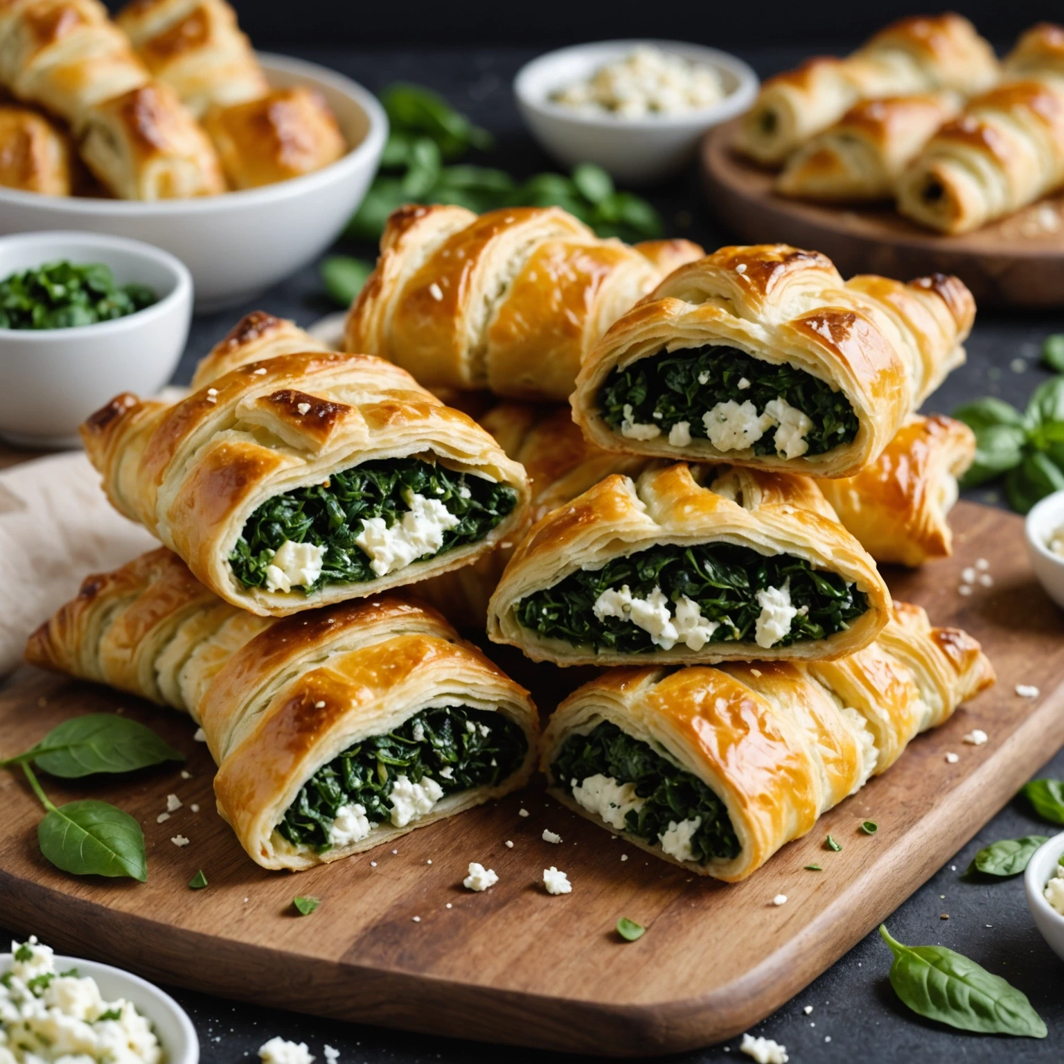 Golden flaky spinach and feta puff pastry twists on a rustic wooden board, garnished with fresh herbs and savory butter spread