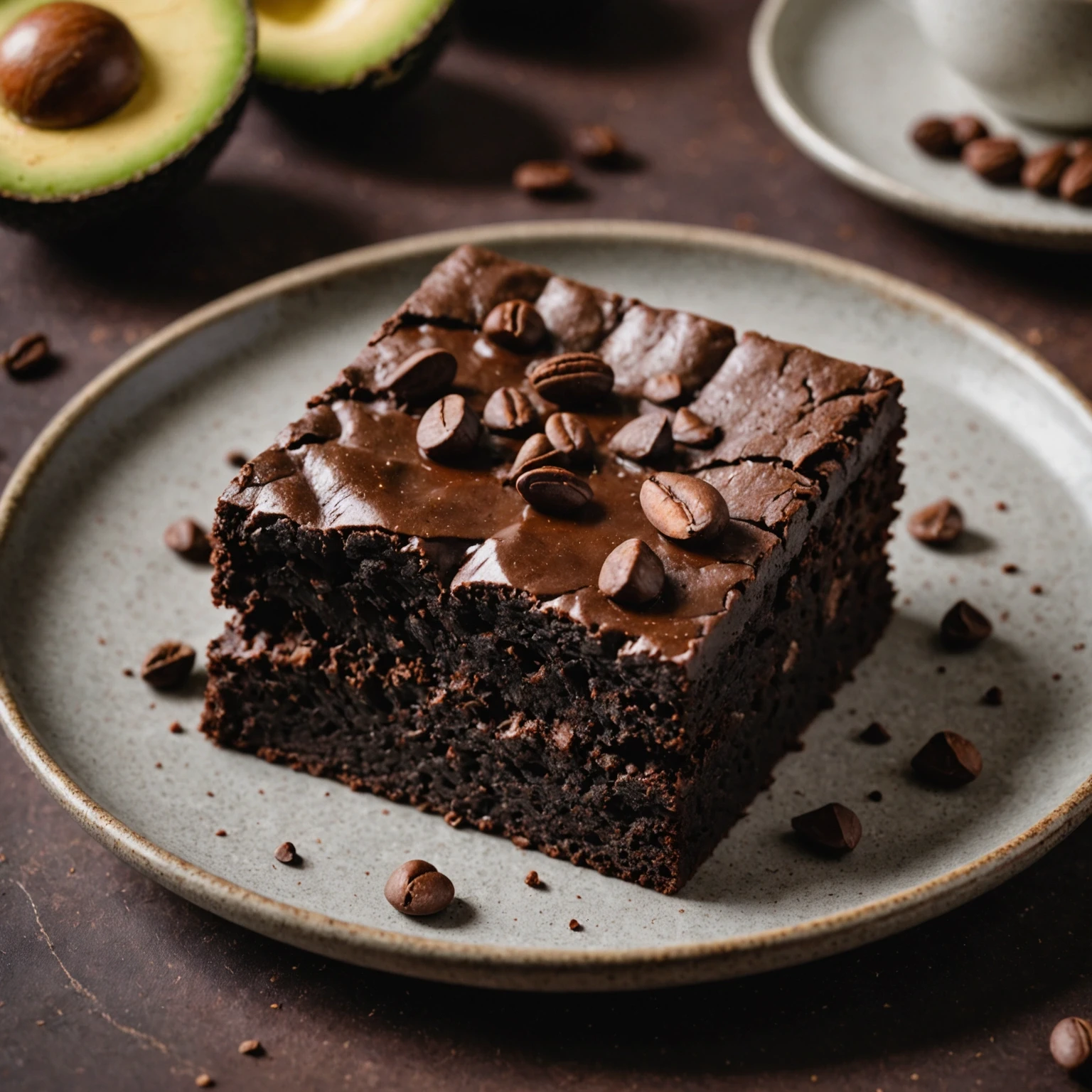 Close-up of a moist vegan chocolate brownie slice highlighting its fudgy texture, with avocado and cocoa beans softly blurred in the background.