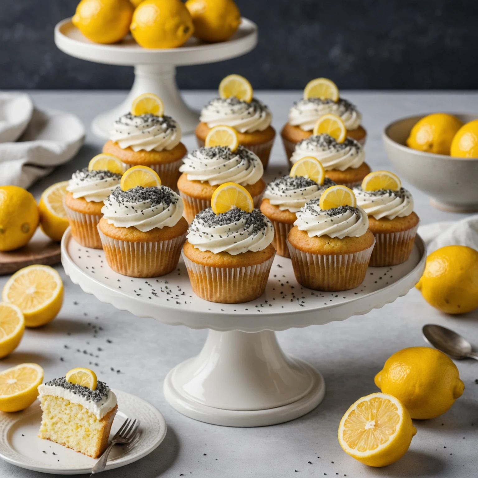 Lemon poppy seed cupcakes with light cream cheese frosting displayed on a white cake stand, with fresh lemons in the background.