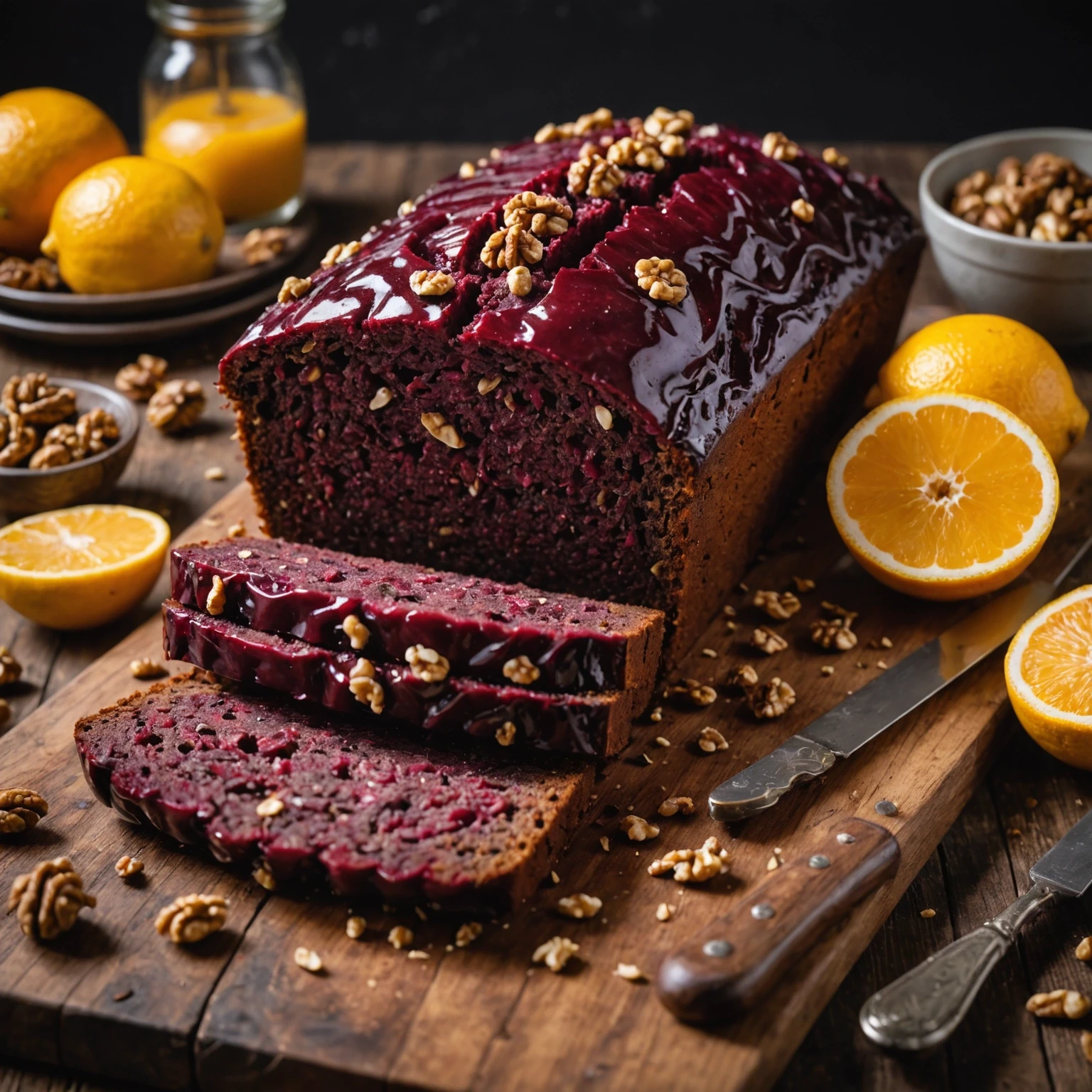 Sliced vegan beetroot and walnut loaf with citrus glaze on a wooden board, highlighting the moist crumb and crunchy walnuts.