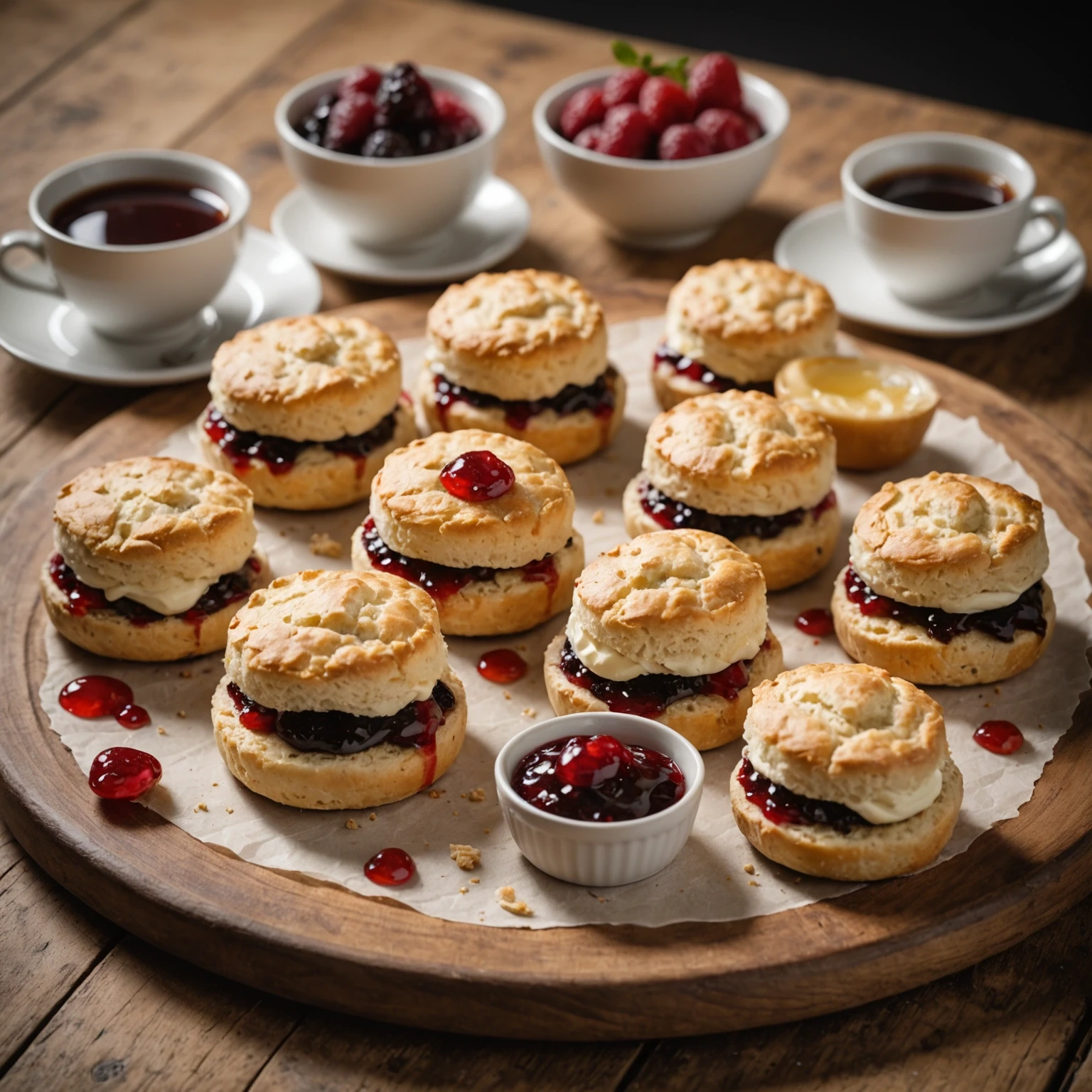 Close-up of golden British scones served on a wooden platter with clotted cream and red fruit jam in white ceramic dishes.