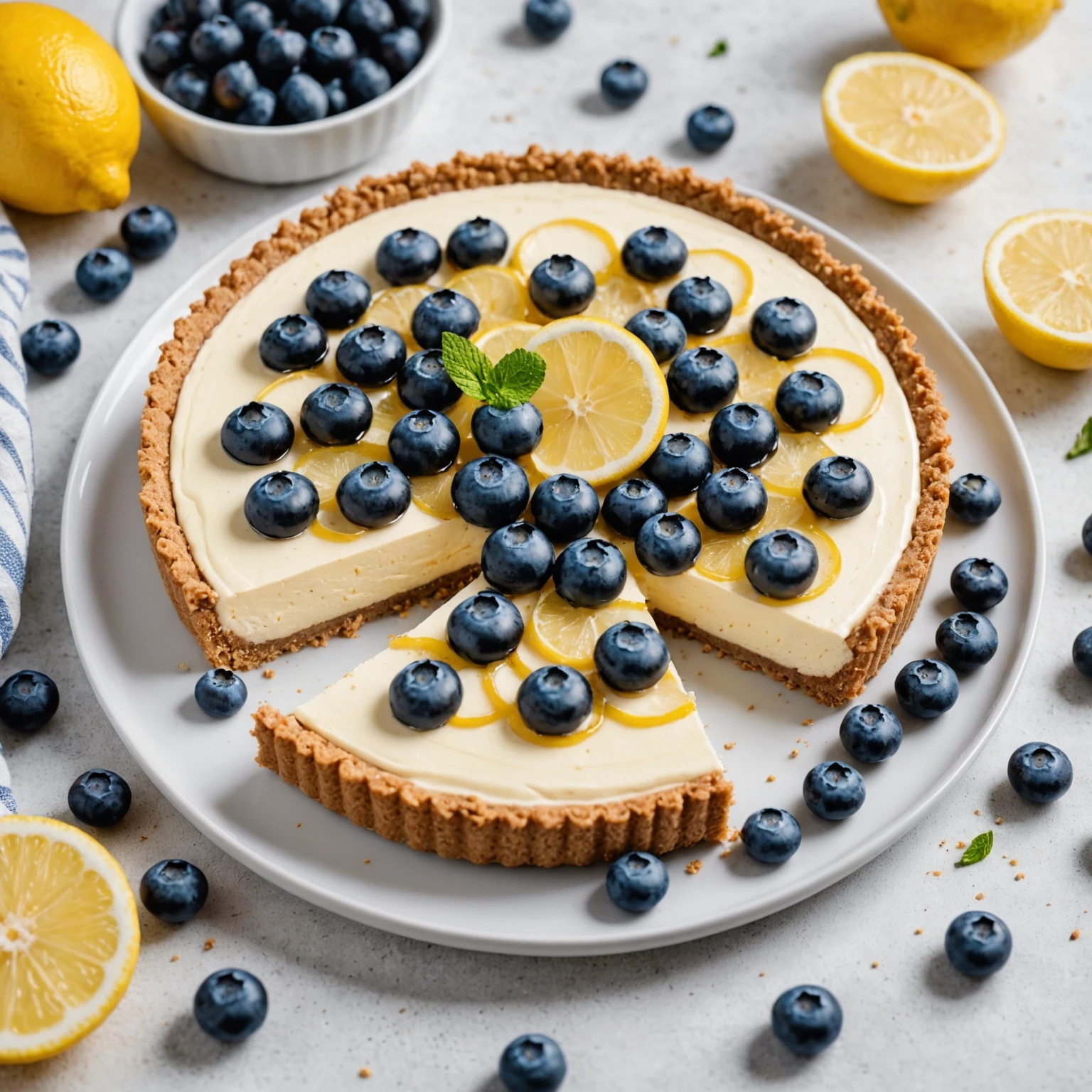 No-bake lemon blueberry cheesecake tart with graham cracker crust on a white plate, garnished with fresh blueberries and lemon zest.
