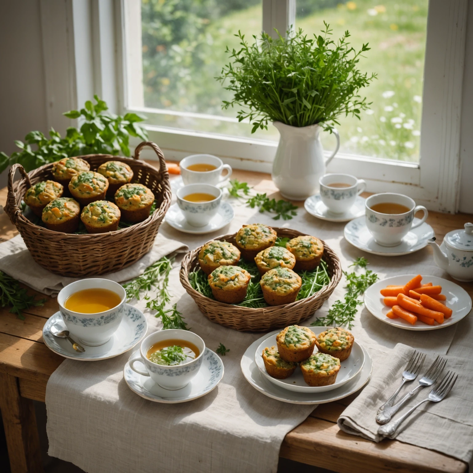 Rustic breakfast table with savory carrot and zucchini muffins in a ceramic basket with fresh herb spreads and a cup of tea, bathed in natural morning light.