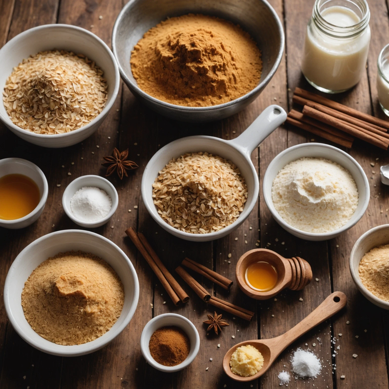 Close-up of essential baking ingredients including sugar, flour, spices, eggs, vanilla extract, and honey on a rustic wooden table