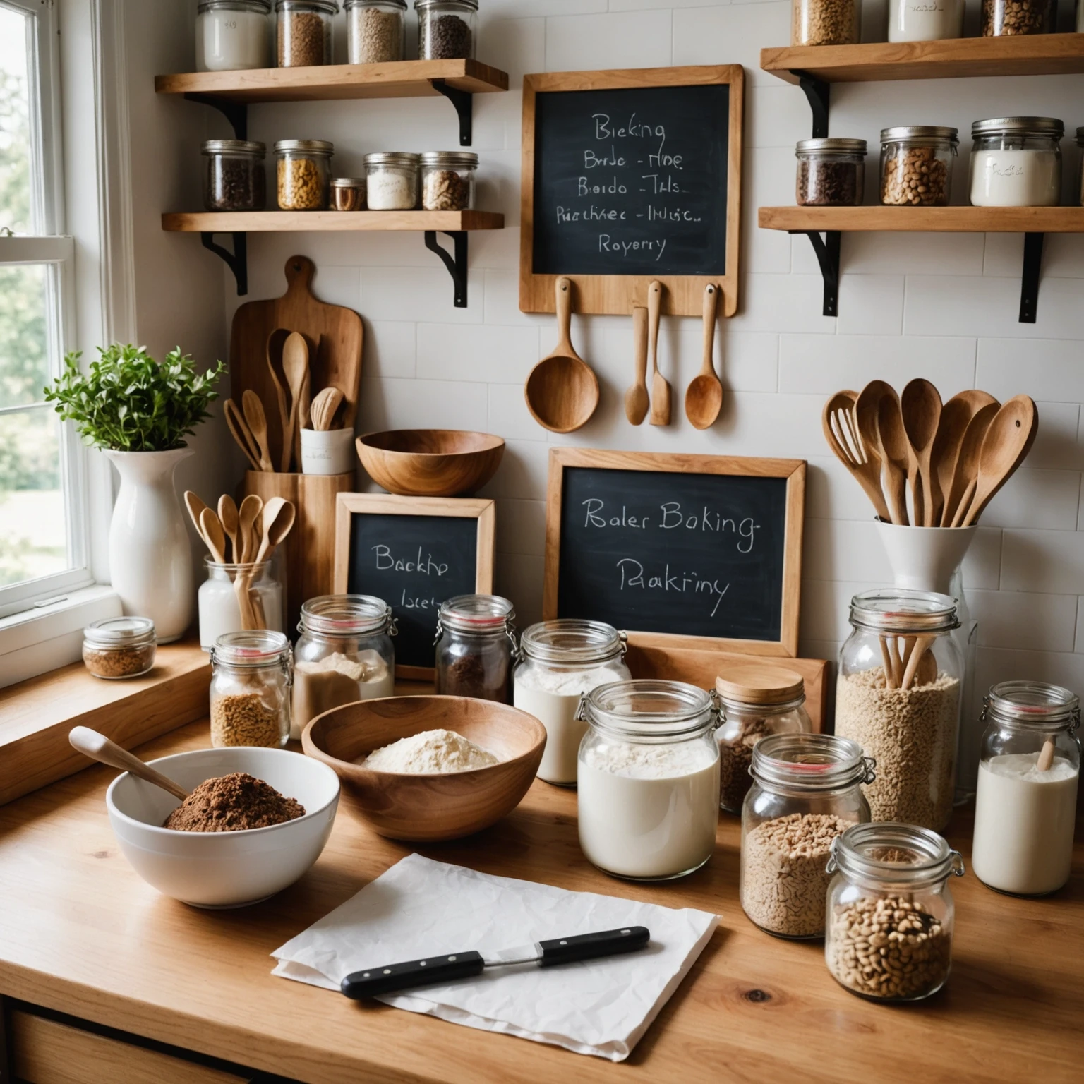 Cozy baking workspace with clear labeled containers, a handwritten pantry list, ingredient substitution tips on a chalkboard, and baking tools on a wooden counter
