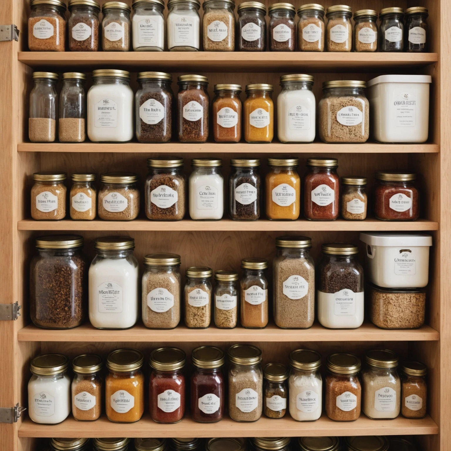 Overhead view of a beginner's baking pantry shelf filled with colorful spices, alternative flours, dairy-free milks, and eggs showcasing a variety of accessible baking ingredients