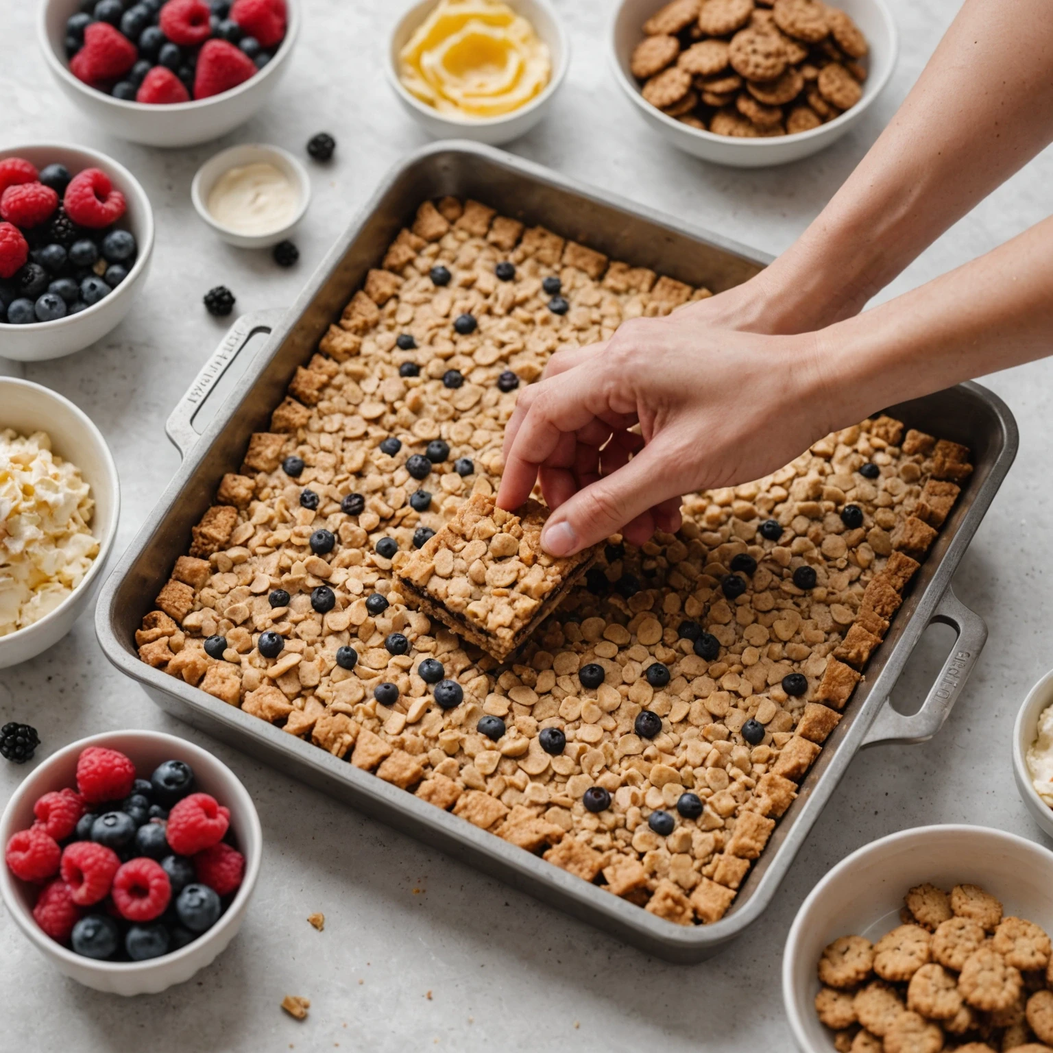 Close-up of hands pressing crumbly cookie crust into a square pan with fresh berries and creamy filling on the side under natural daylight