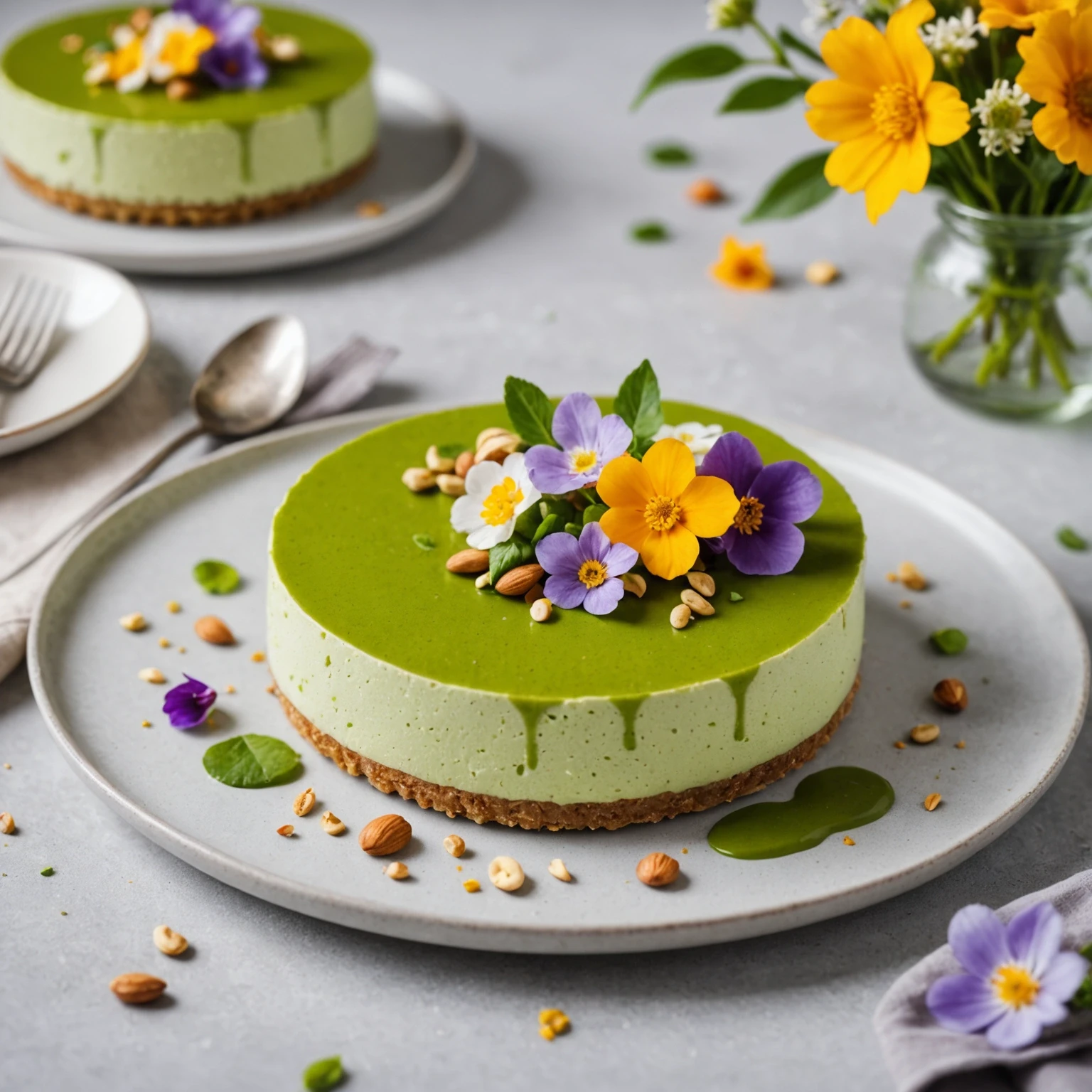 Chilled no-bake vegan matcha coconut cheesecake on a white ceramic plate with edible flowers and cashew cream, set on a bright minimalistic kitchen counter