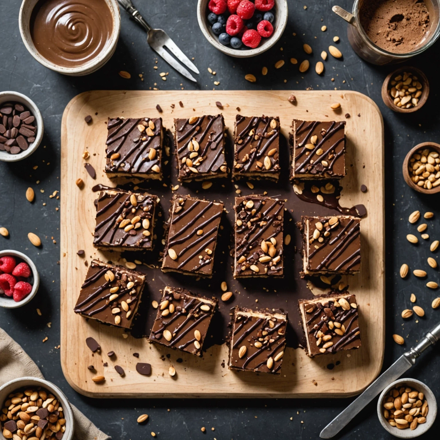 No-bake chocolate peanut butter cheesecake bars on a rustic board with chocolate drizzle and chopped nuts, surrounded by cocoa powder and peanut butter jar under natural light