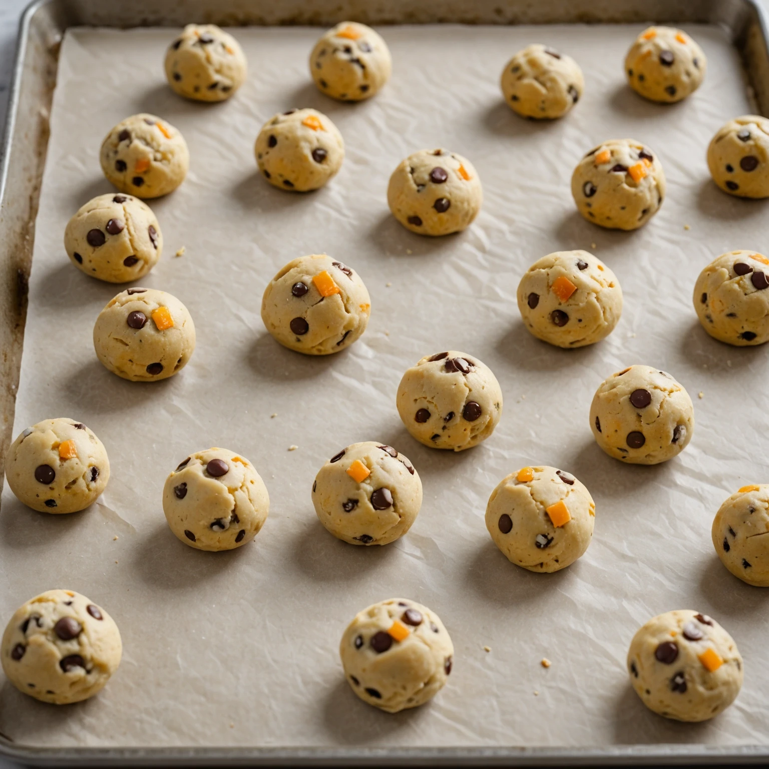 Close-up of cookie dough balls on parchment-lined baking tray showing dough texture variety with chocolate chunks and citrus zest in bright kitchen setting.