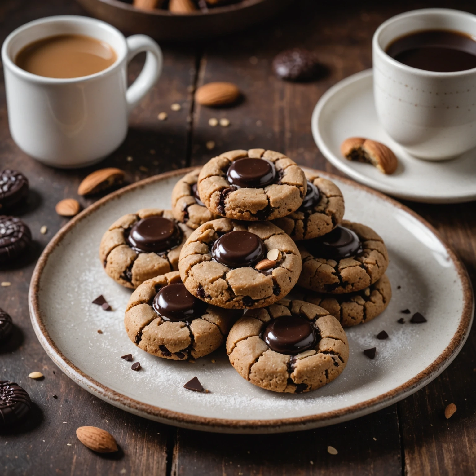 Stack of almond butter dark chocolate thumbprint cookies on rustic plate with coarse sugar topping, styled with a cozy tea setting in soft-focus background.