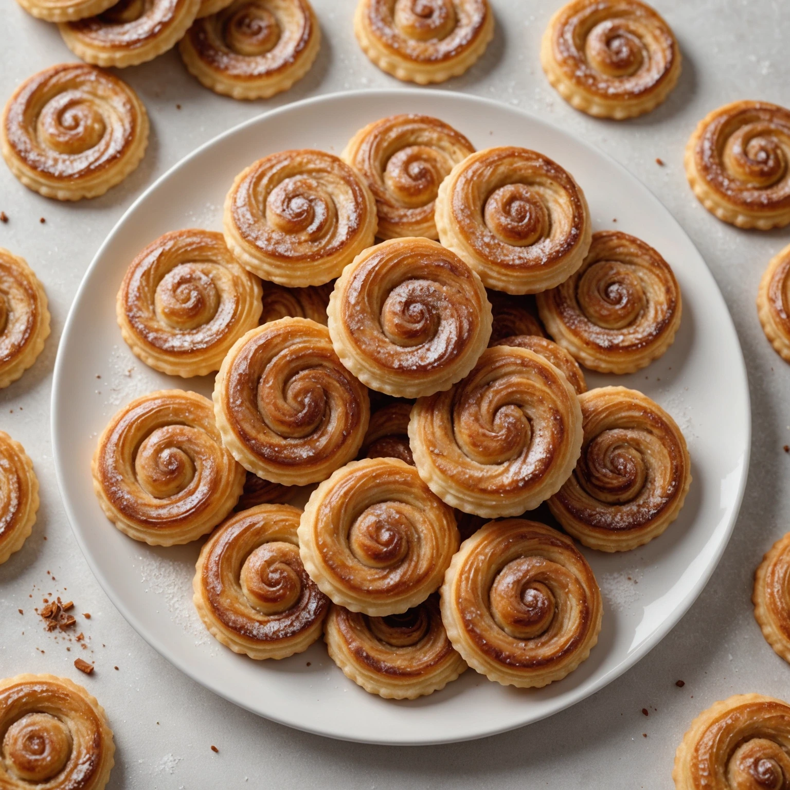 Golden brown flaky French palmiers puff pastry cookies coated with cinnamon sugar arranged on a white ceramic plate with soft natural lighting.