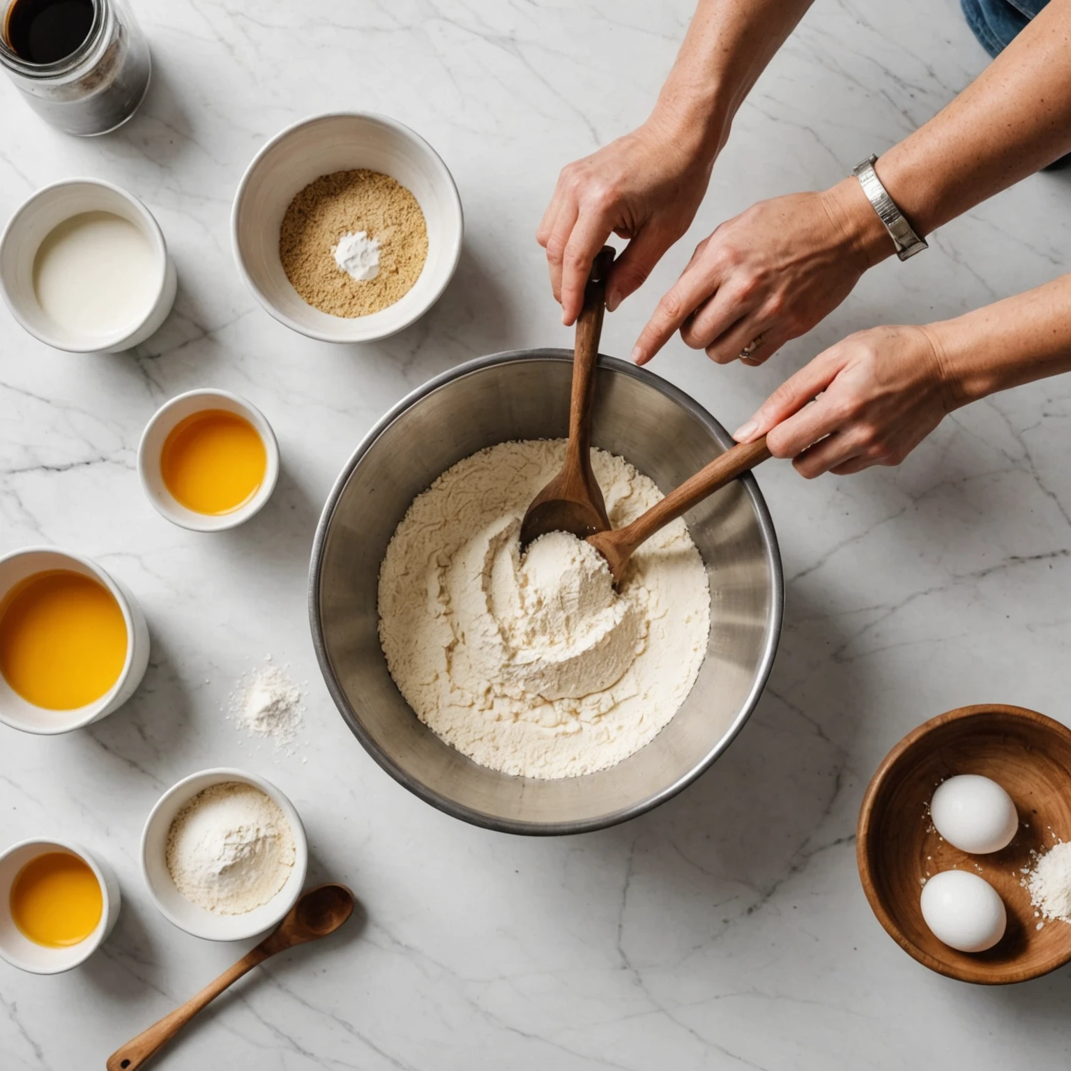 Hands sifting flour into a mixing bowl on a clean white kitchen counter surrounded by baking essentials