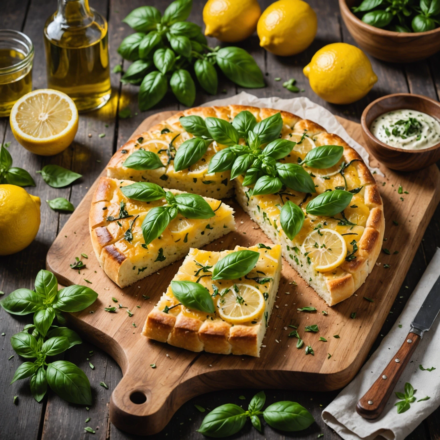Close-up of lemon basil focaccia bread with olive oil drizzle and fresh basil on a rustic wooden board
