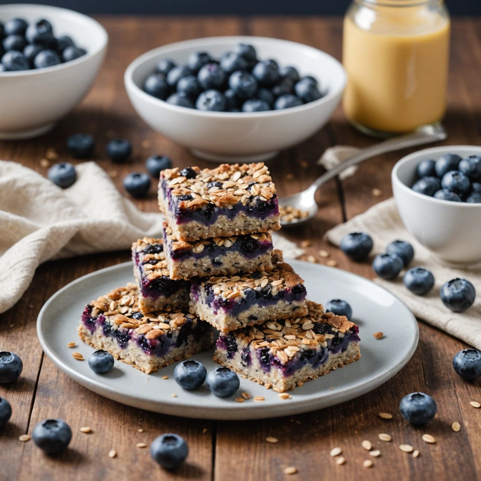 Stack of blueberry breakfast bars containing chia and flax seeds on a ceramic plate with fresh blueberries and seeds in the background