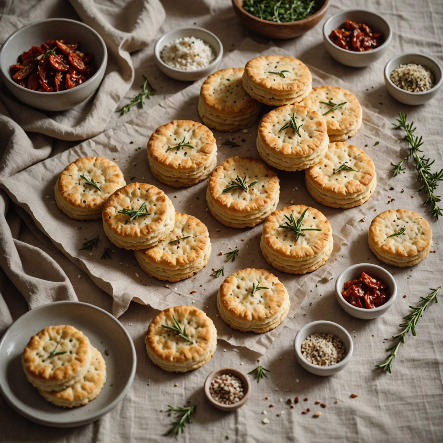 Freshly baked savory herb biscuits with sea salt, roasted garlic, and sun-dried tomatoes on a natural linen cloth illuminated by soft morning light