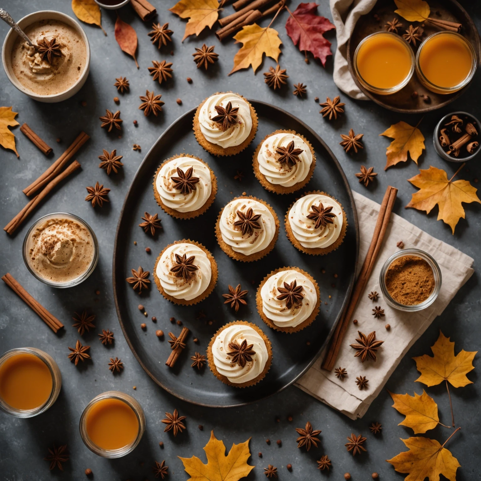 Festive cupcakes topped with creamy masala frosting dusted with chai spices, styled with cinnamon sticks and autumn leaves in a cozy holiday baking atmosphere