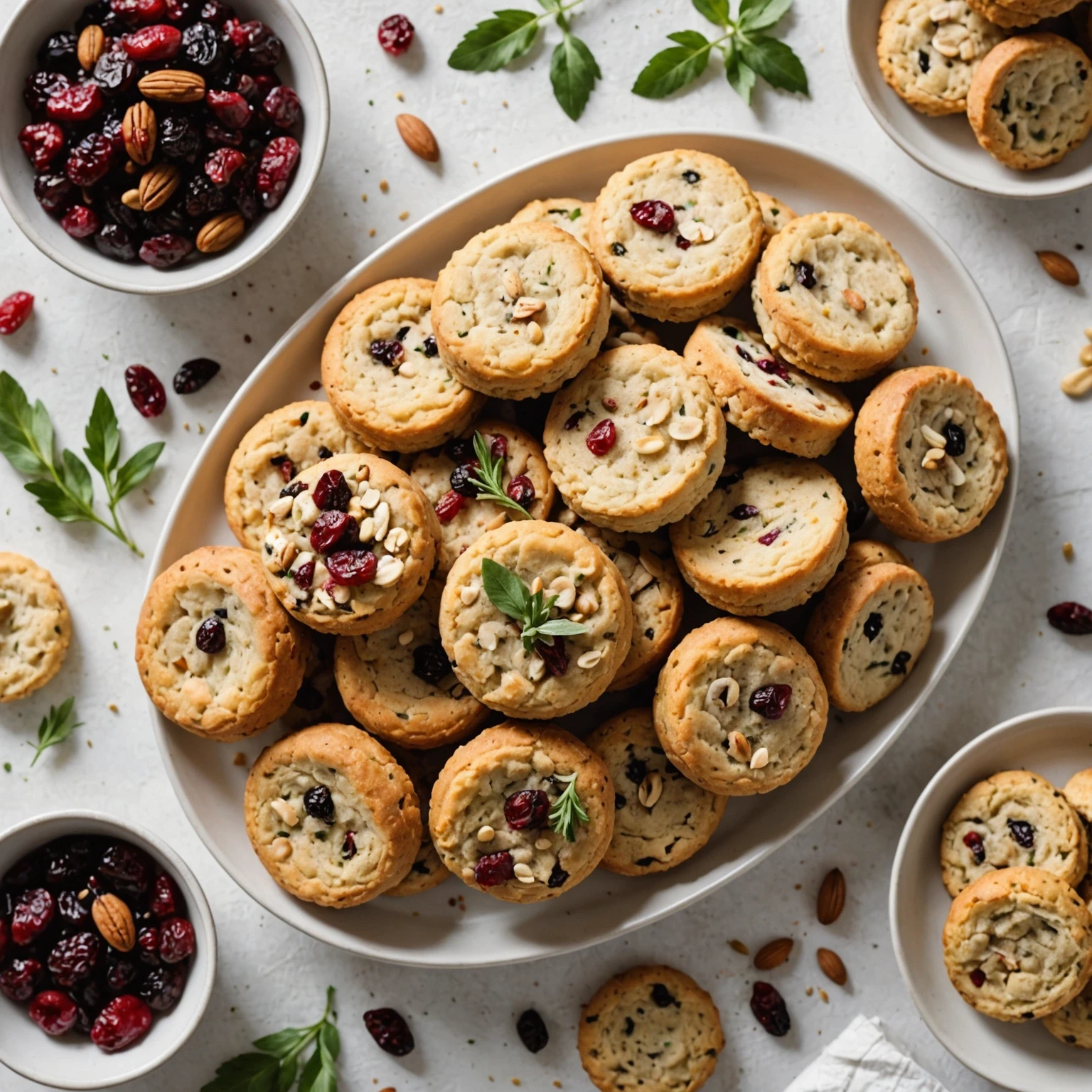 Assortment of colorful quick breads and biscuits with dried cranberries, nuts, and fresh herbs on a white ceramic platter illuminated by natural light for festive party snacks