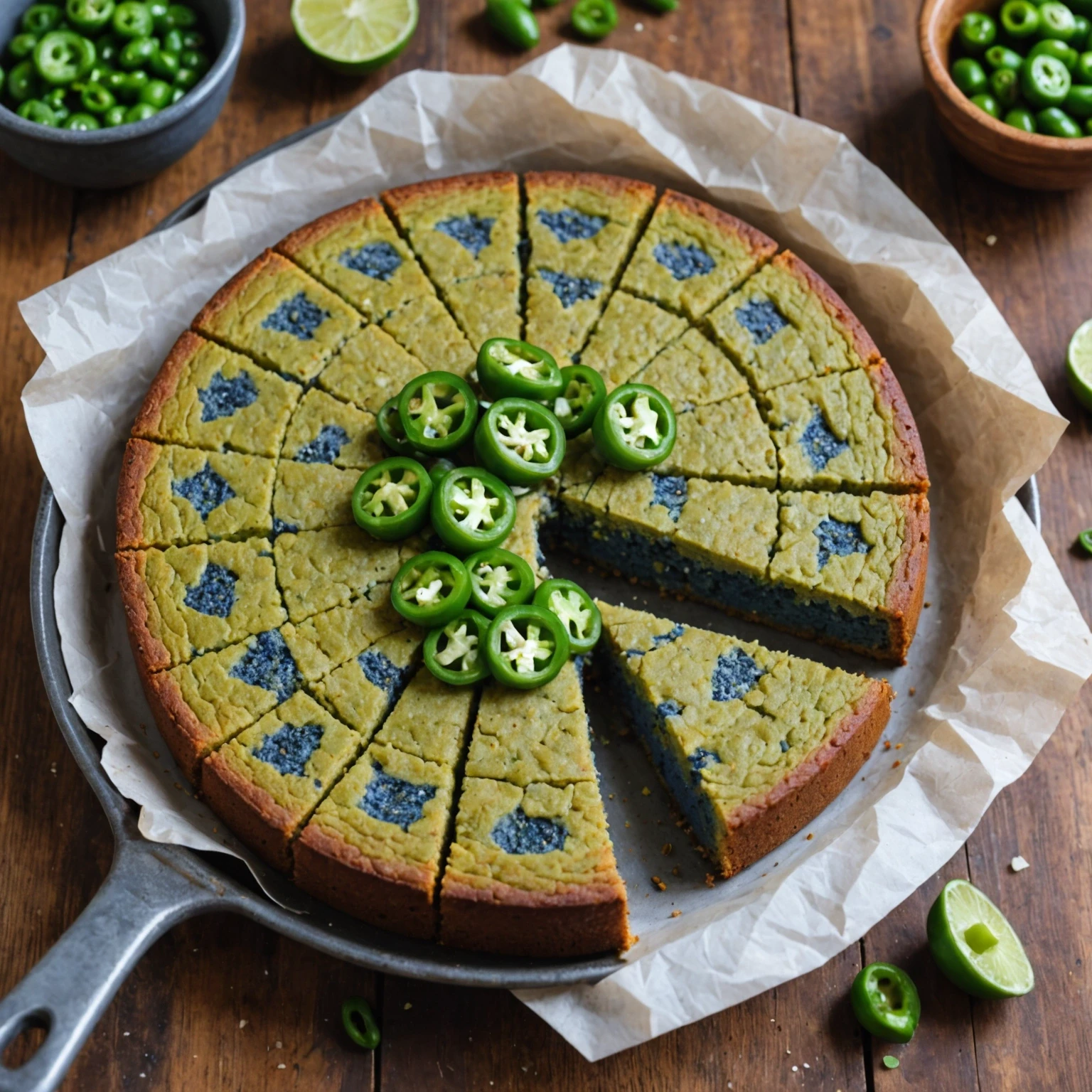 Whole-Grain Vegan Blue Cornbread with Jalapeño and Lime