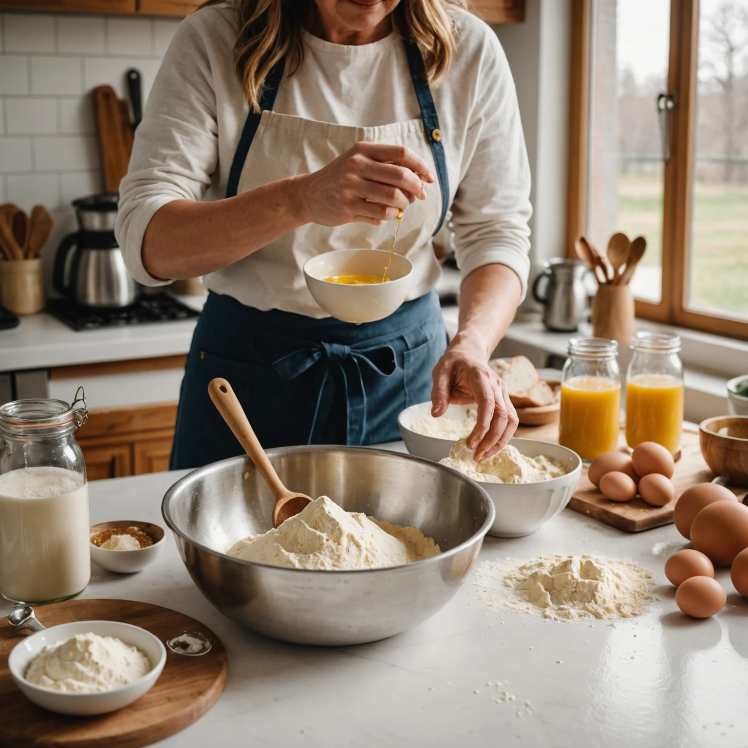 Close-up of hands measuring flour into a mixing bowl with quick bread ingredients on the kitchen counter in natural light