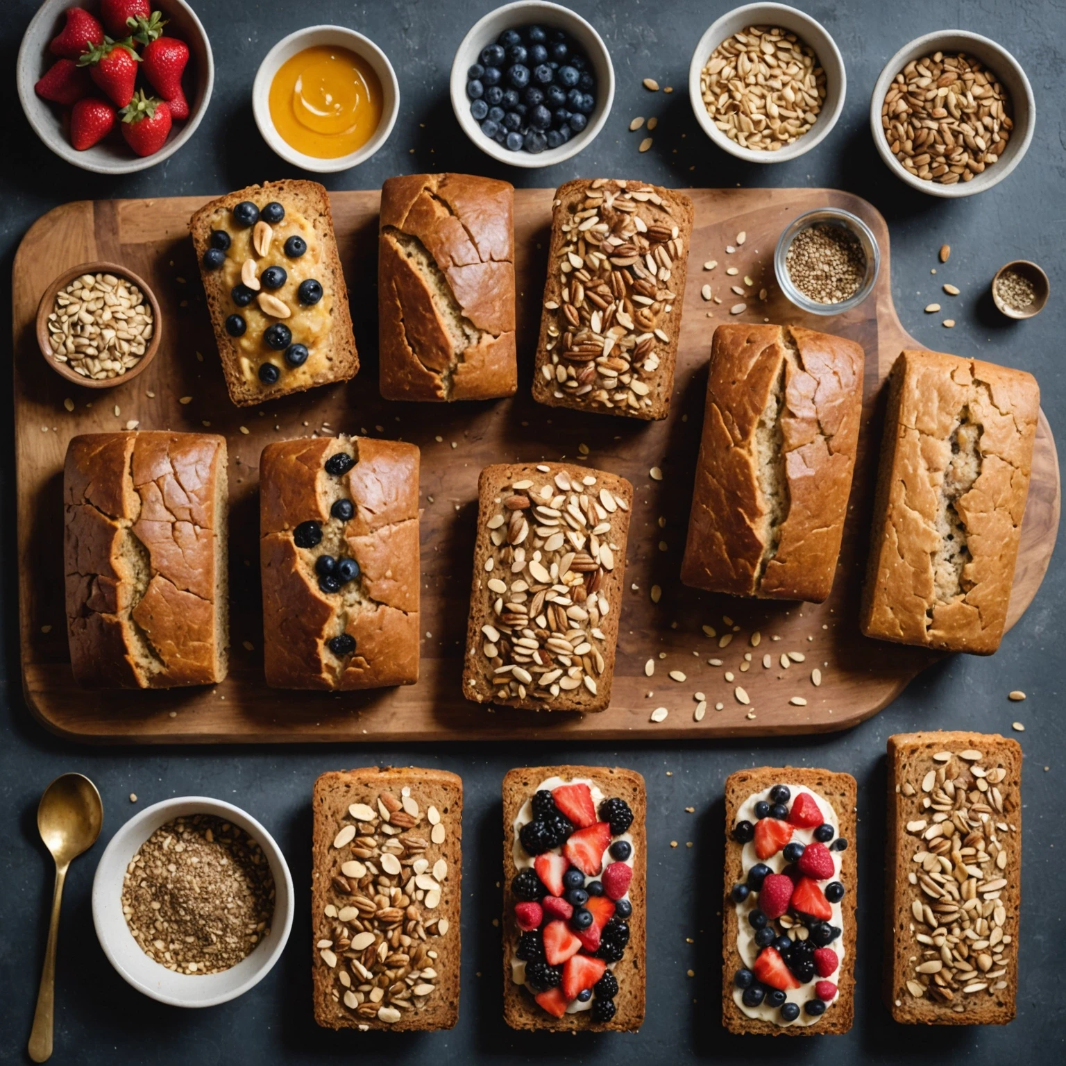 Overhead view of assorted freshly baked quick breads with seeds, nuts, and fruit mix-ins arranged on a wooden board