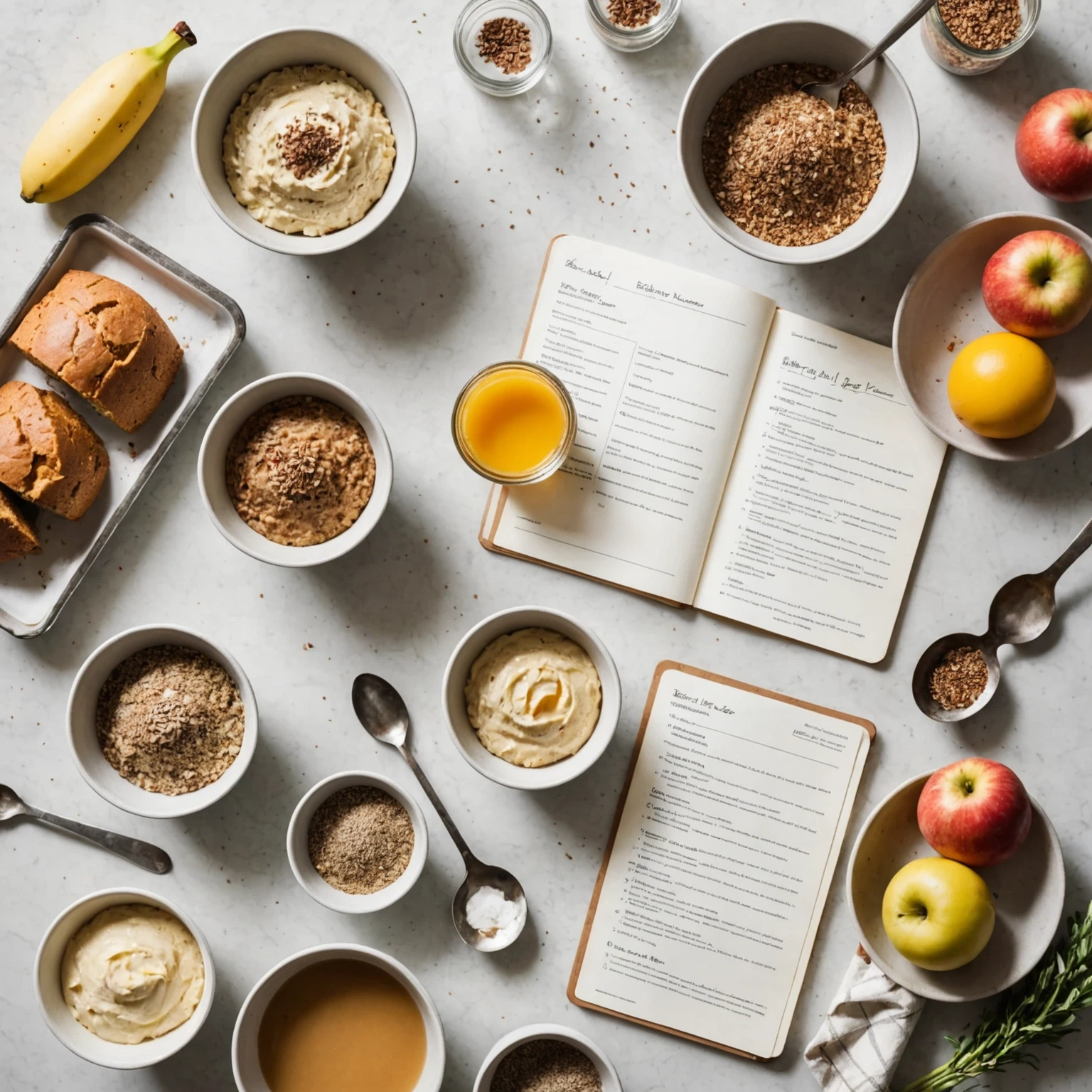 Colorful bowls with baking ingredient substitutes like applesauce, mashed banana, and flaxseed egg mixture on a kitchen counter with a recipe card
