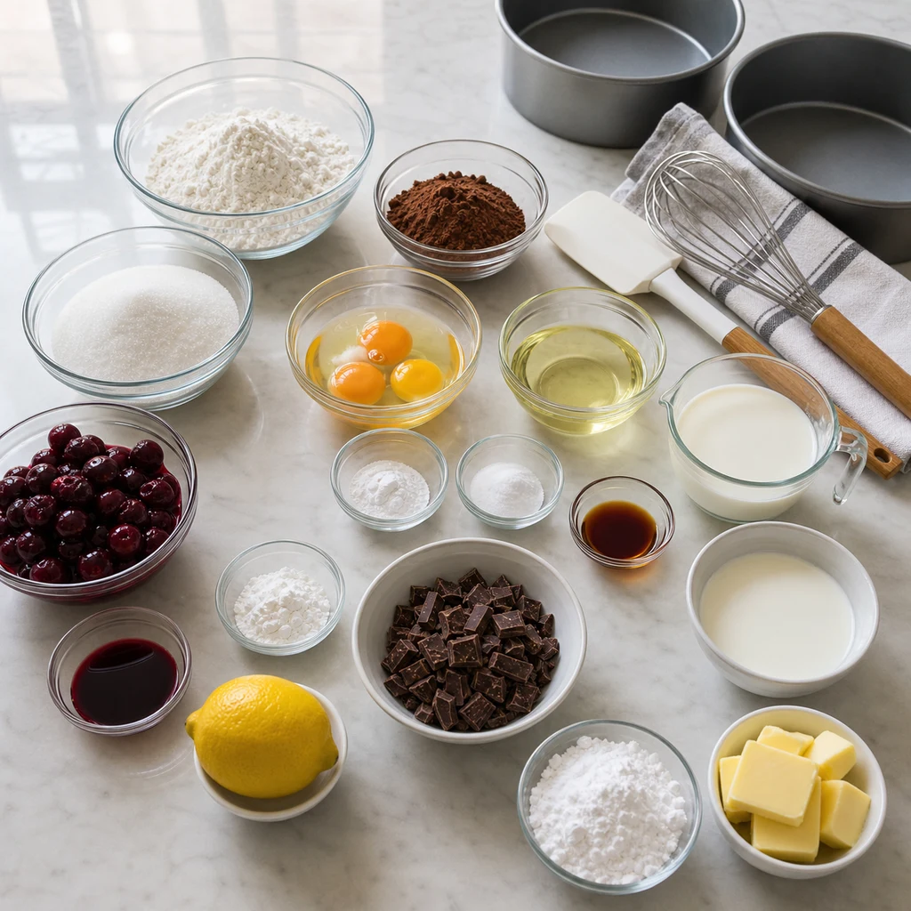 ingredients image for BeginnerBakes Classic German Black Forest Cake Recipe with Cherry and Chocolate Ganache