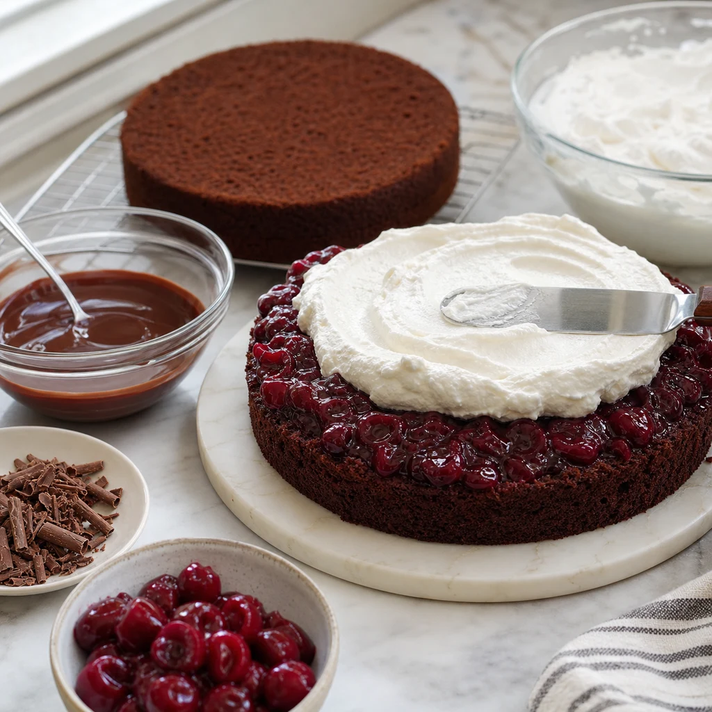assembly process image for BeginnerBakes Classic German Black Forest Cake Recipe with Cherry and Chocolate Ganache