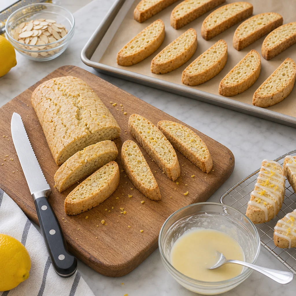 slicing and glazing process image for BeginnerBakes Classic Italian Lemon Biscotti with Zesty Lemon Glaze
