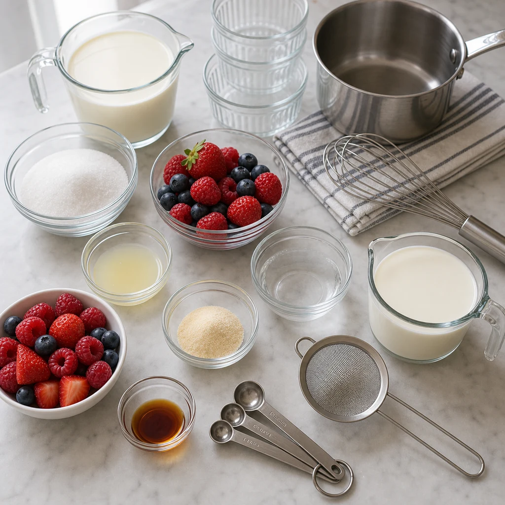 ingredients image for BeginnerBakes Classic Italian Panna Cotta Recipe with Mixed Berry Coulis