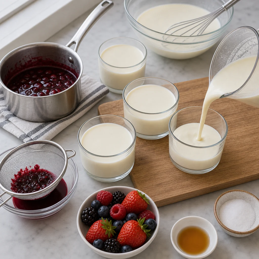 pouring process image for BeginnerBakes Classic Italian Panna Cotta Recipe with Mixed Berry Coulis