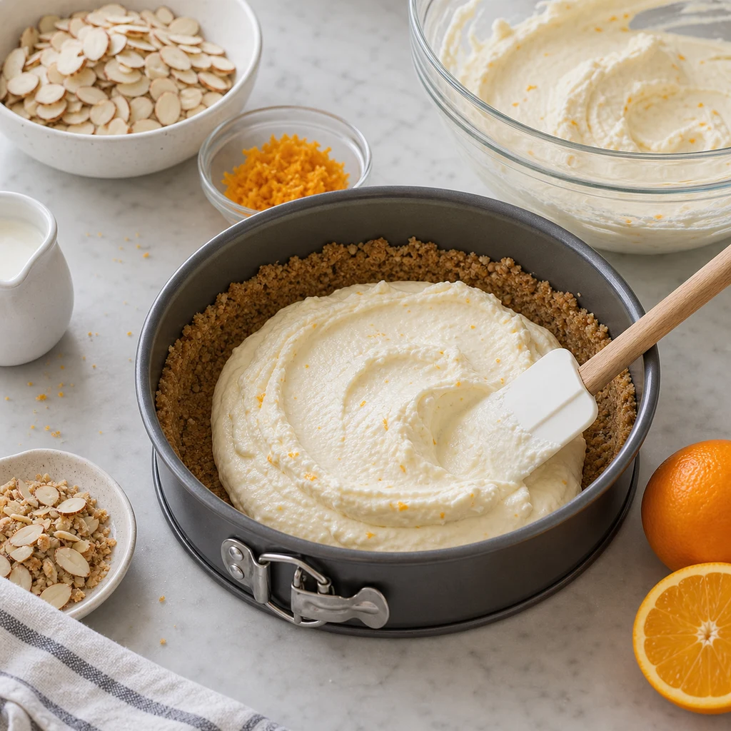 assembly process image for BeginnerBakes Classic Italian Ricotta and Orange Zest Cheesecake with Almond Crust