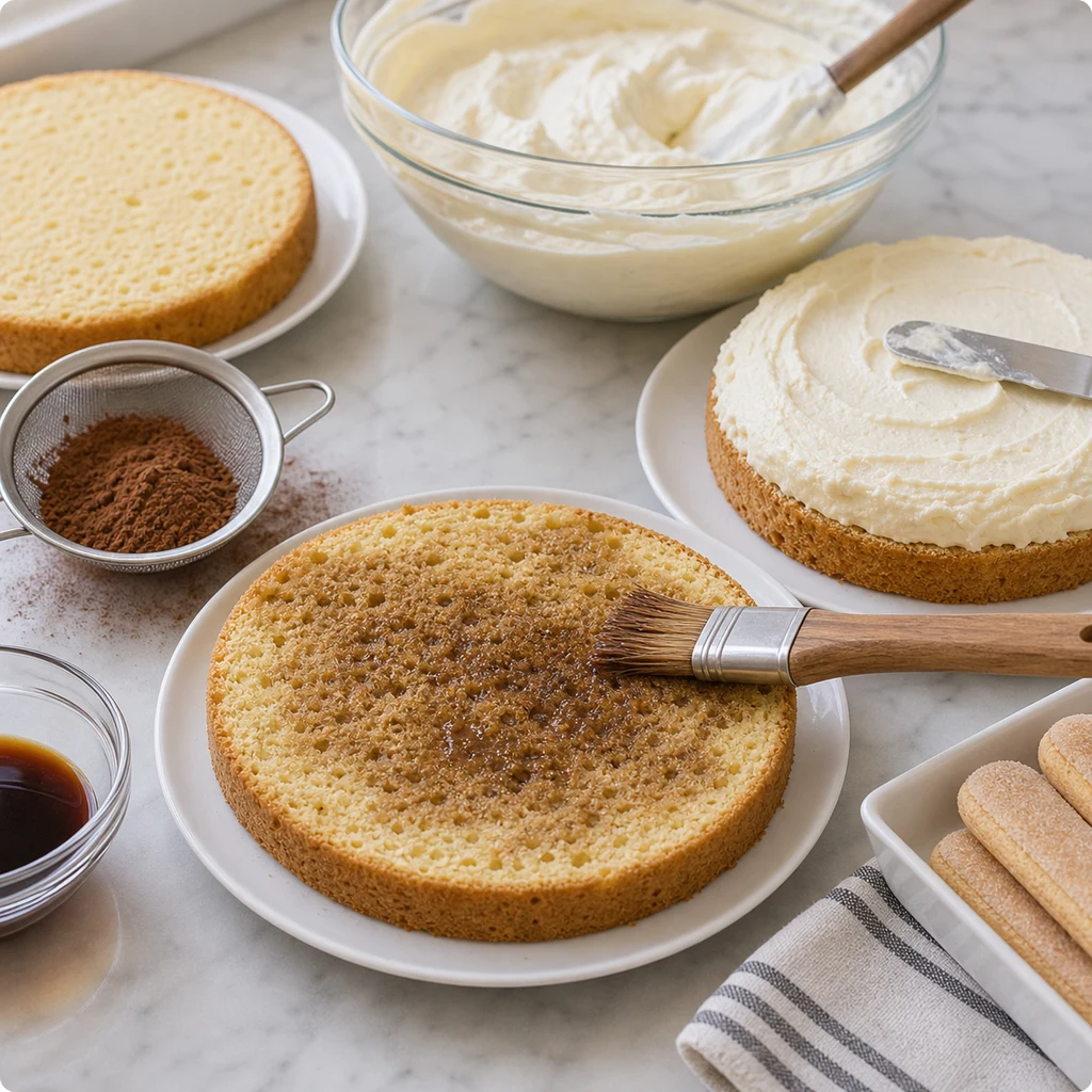 layering process image for BeginnerBakes Classic Italian Tiramisu Cake with Mascarpone Cream