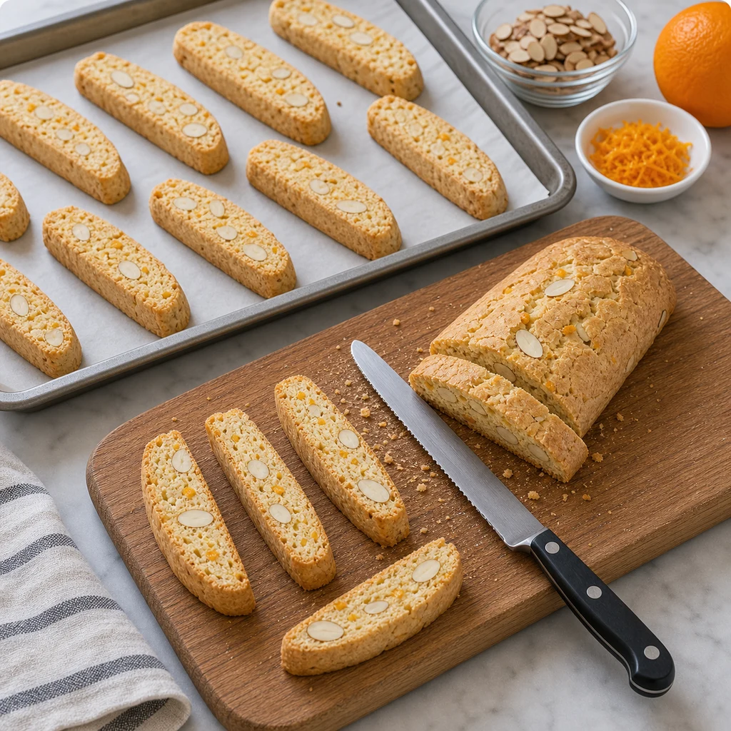 slicing process image for BeginnerBakes Classic Orange Almond Biscotti Recipe - Easy Crunchy Twice-Baked Italian Cookies