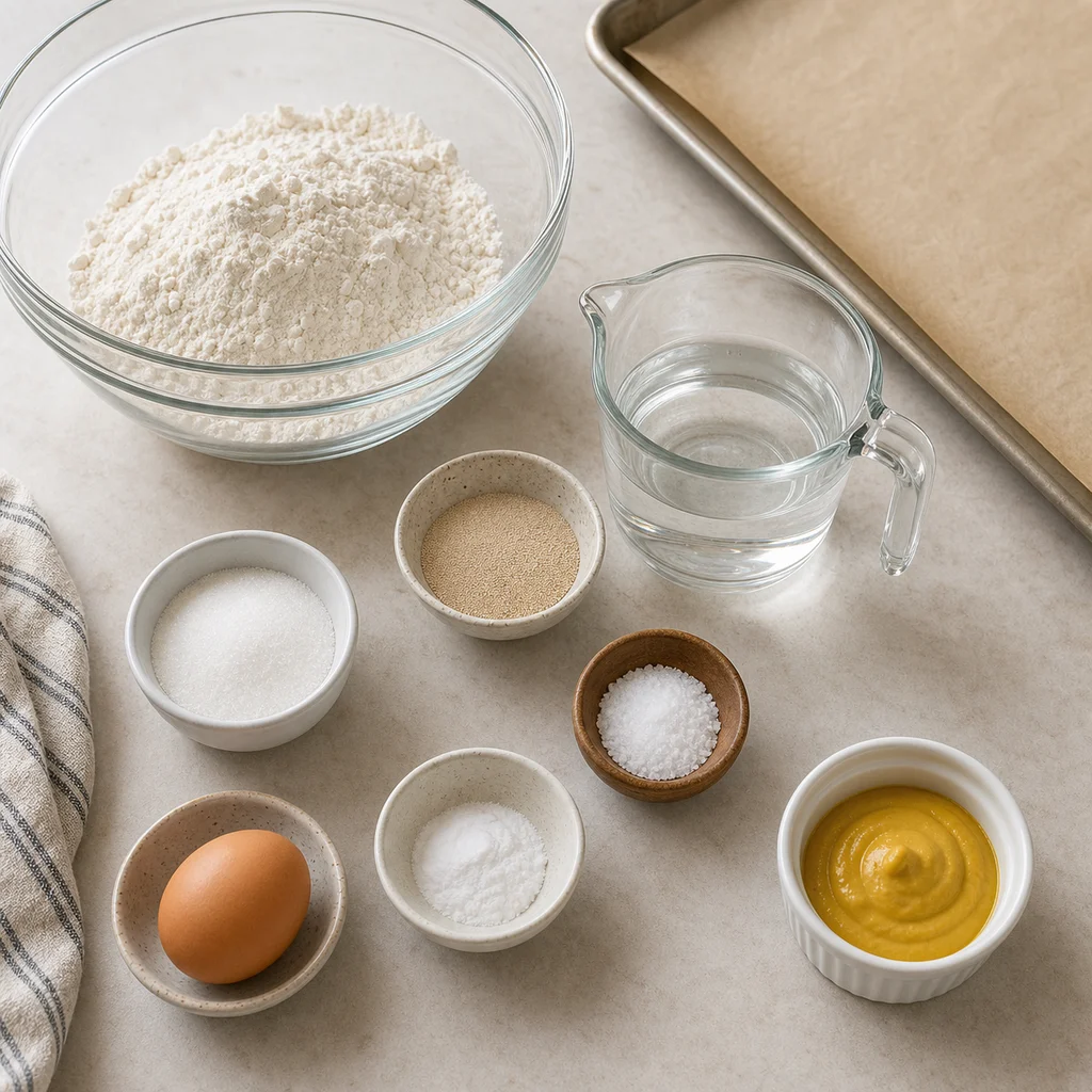 Measured ingredients for BeginnerBakes classic soft pretzel bites with mustard dipping sauce