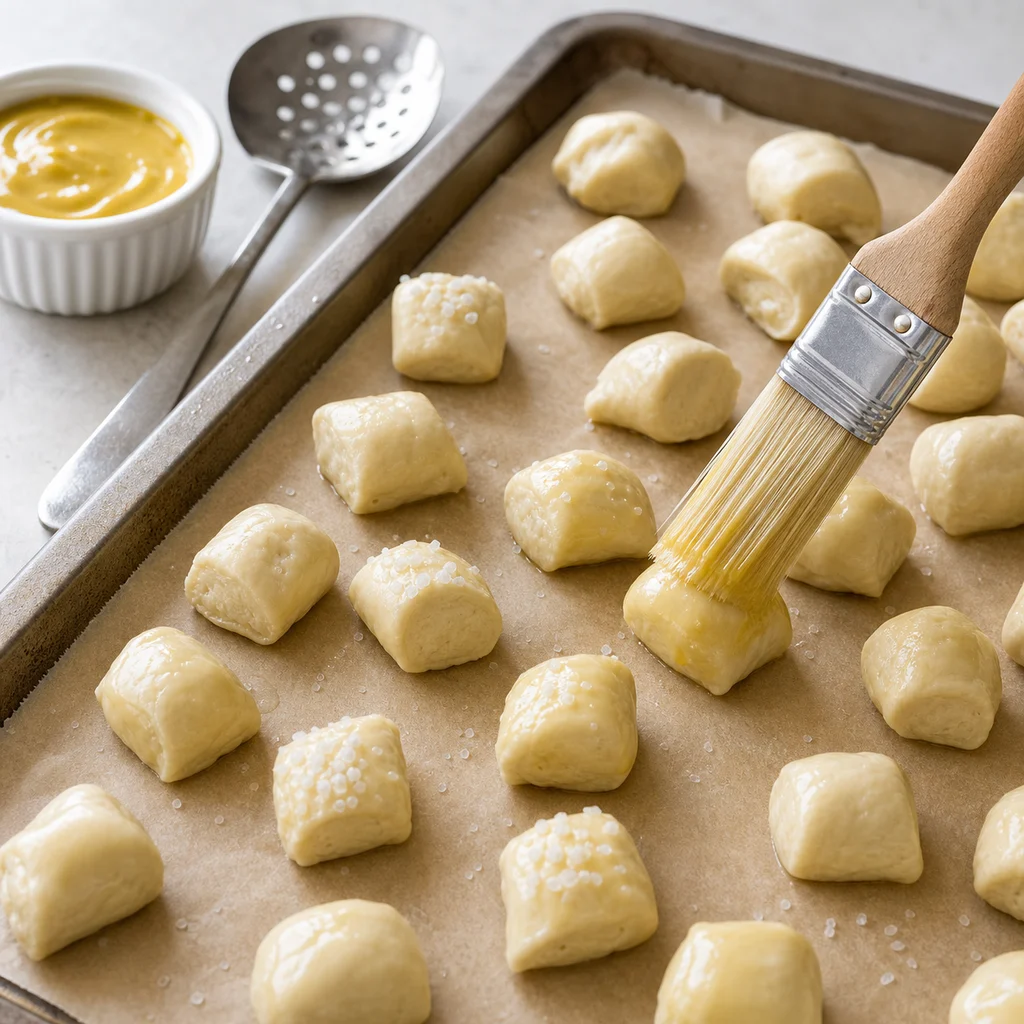 Pretzel dough bites brushed with egg wash before baking for BeginnerBakes classic soft pretzel bites