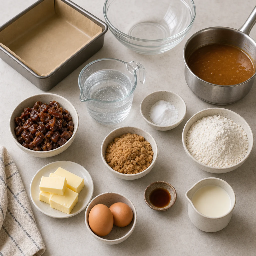 Measured ingredients for BeginnerBakes classic sticky toffee pudding cake