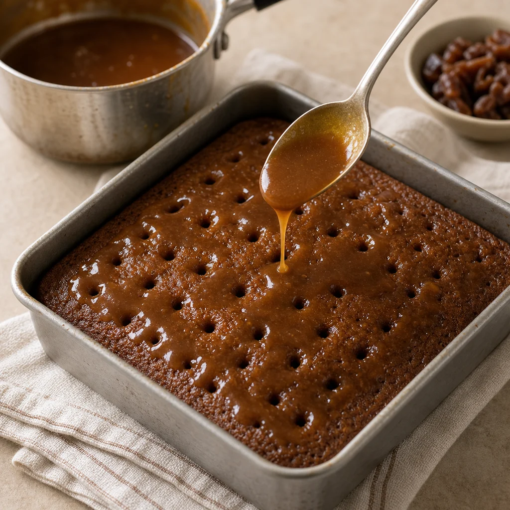 Warm toffee sauce soaking into BeginnerBakes classic sticky toffee pudding cake
