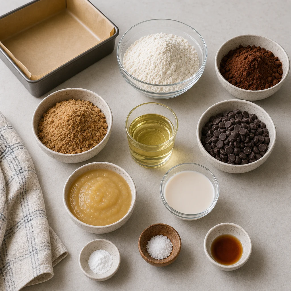 Measured vegan brownie ingredients for BeginnerBakes chocolate brownies with avocado oil