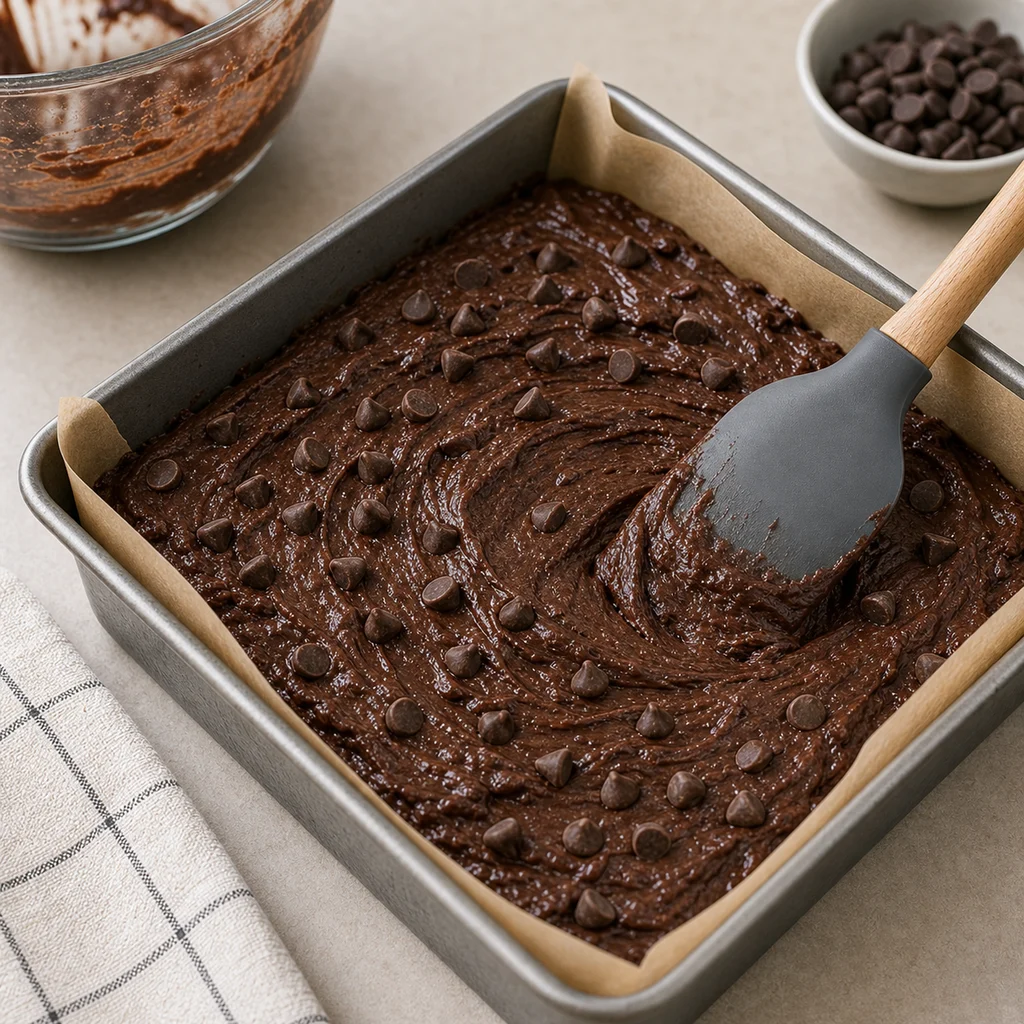 Vegan chocolate brownie batter spread in a pan for BeginnerBakes avocado oil brownies