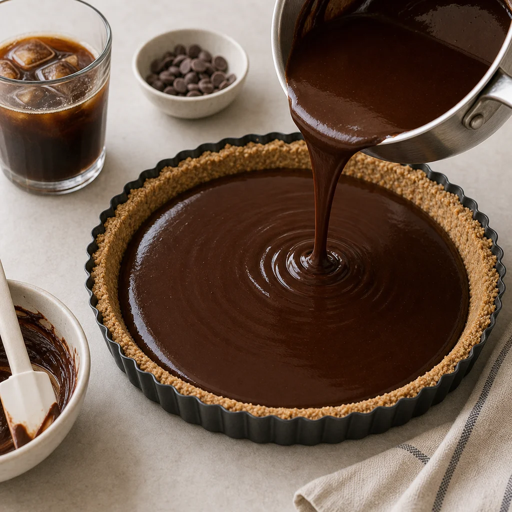 Cold-brew chocolate ganache poured into almond crust for BeginnerBakes tart