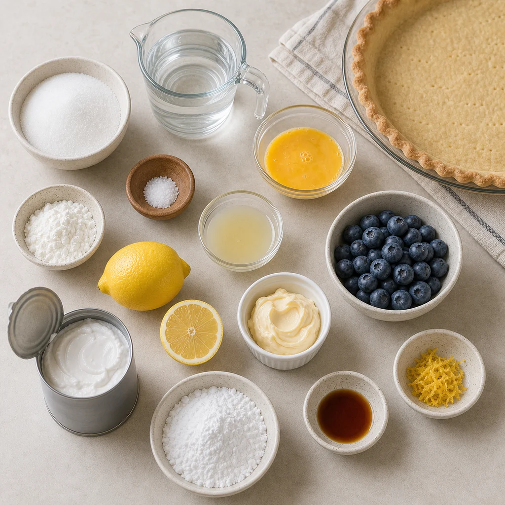 Measured ingredients for BeginnerBakes dairy-free lemon blueberry chiffon pie
