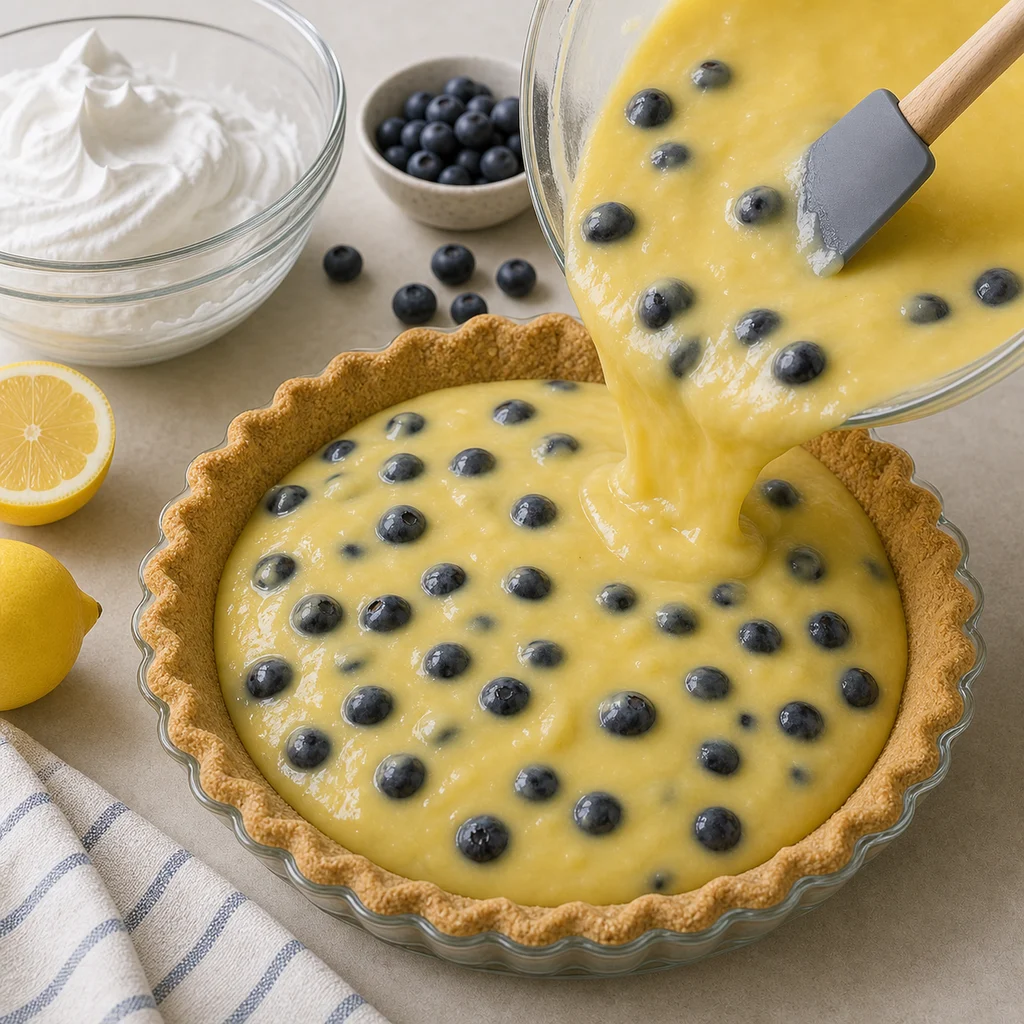 Lemon blueberry filling poured into crust for BeginnerBakes dairy-free chiffon pie
