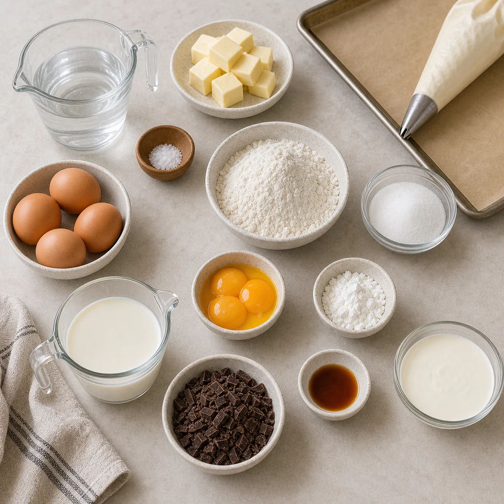 Measured ingredients for BeginnerBakes chocolate eclairs with vanilla filling