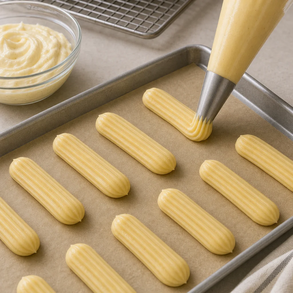 Choux pastry piped for BeginnerBakes chocolate eclairs before baking