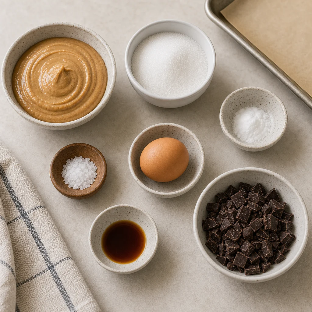 Measured ingredients for BeginnerBakes almond butter dark chocolate thumbprint cookies