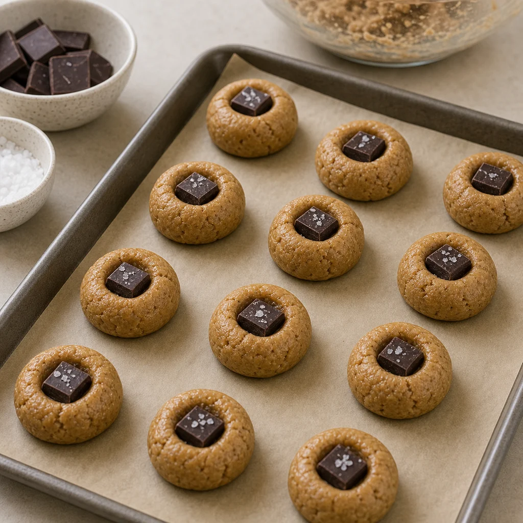 Almond butter thumbprint cookies filled with dark chocolate before baking for BeginnerBakes