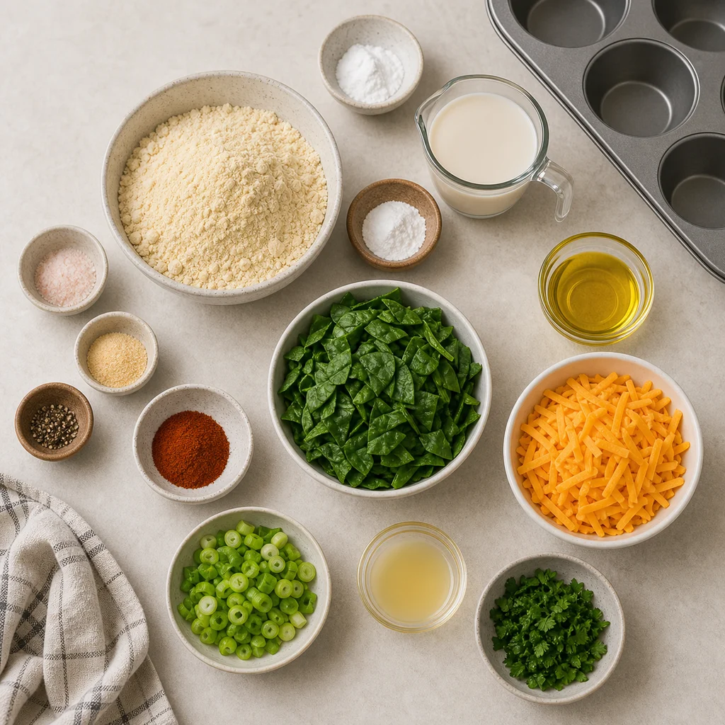 Measured chickpea flour, spinach, scallions, plant milk, and dairy-free cheese for BeginnerBakes savory muffins